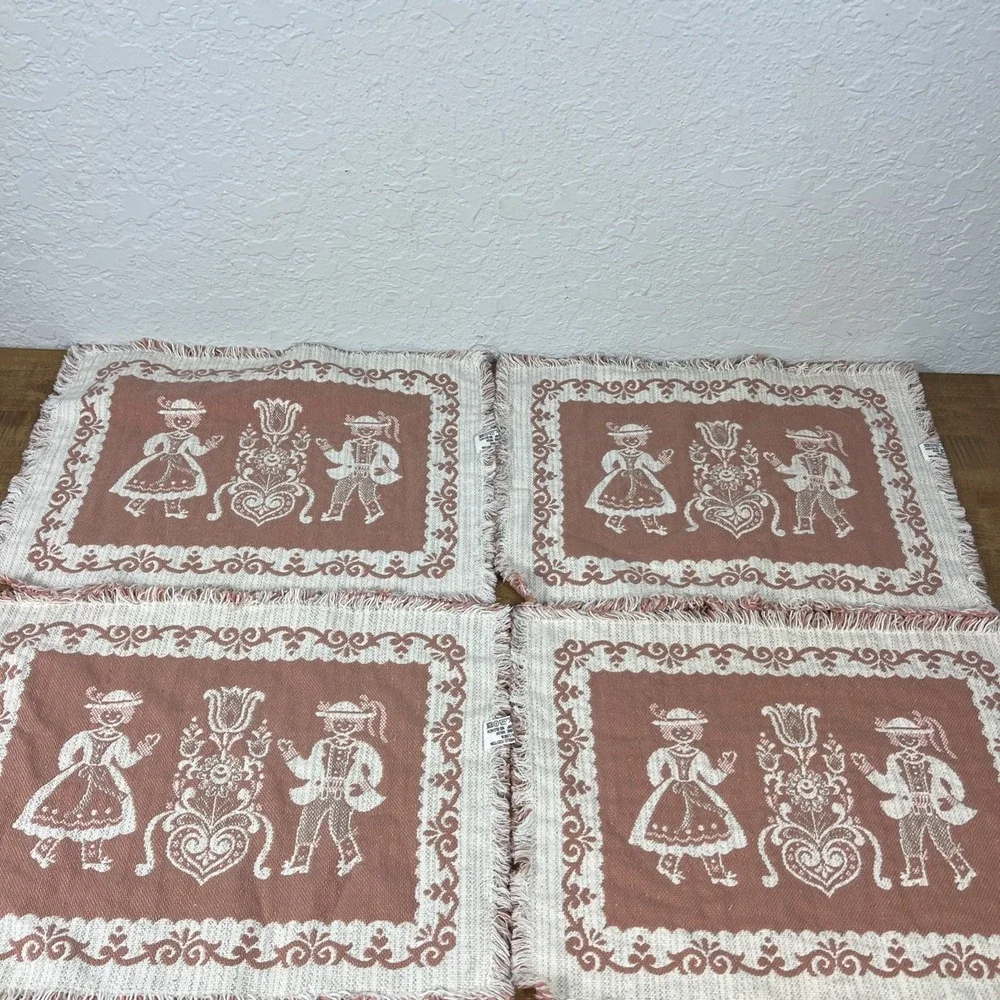 Vintage Set‎ Of 4 Austrian Placemats Pink Fringe Woven Folk Art Cotton/Linen